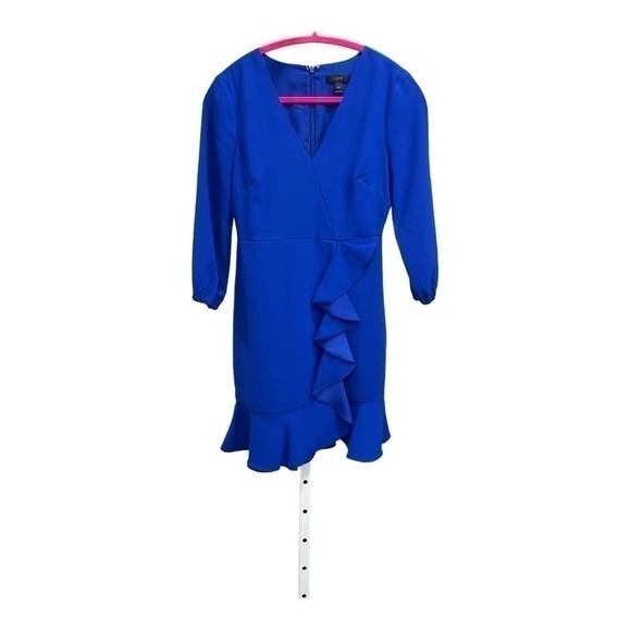 J. Crew Drapey Ruffle Front Dress, Long Sleeves, Faux Wrap, Ocean Blue size 0P - Picture 6 of 14